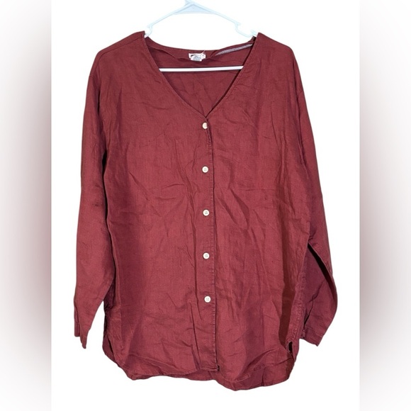 None Tops - 100% Linen Lightweight Women's Burgundy Button Down Shirt